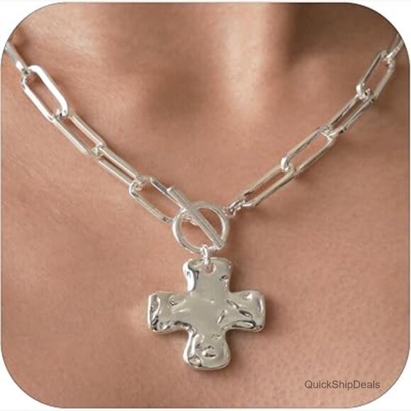 Jewelry - Chunky Cross Pendant Necklace with Vintage Toggle Clasp, Bold Thick Chain